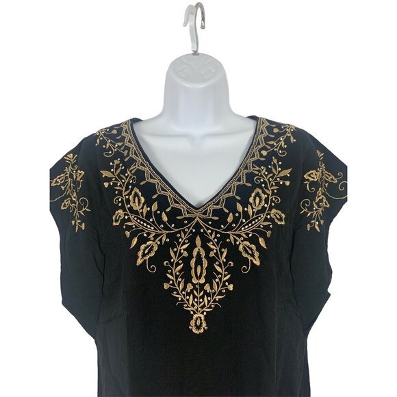Karen Scott Womens Black & Gold Embroidered V-Neck Top Small - Picture 2 of 10